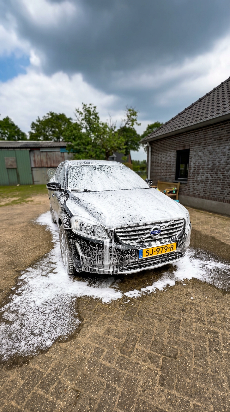 Volvo onder de snowfoam tijdens een wasbeurt op locatie